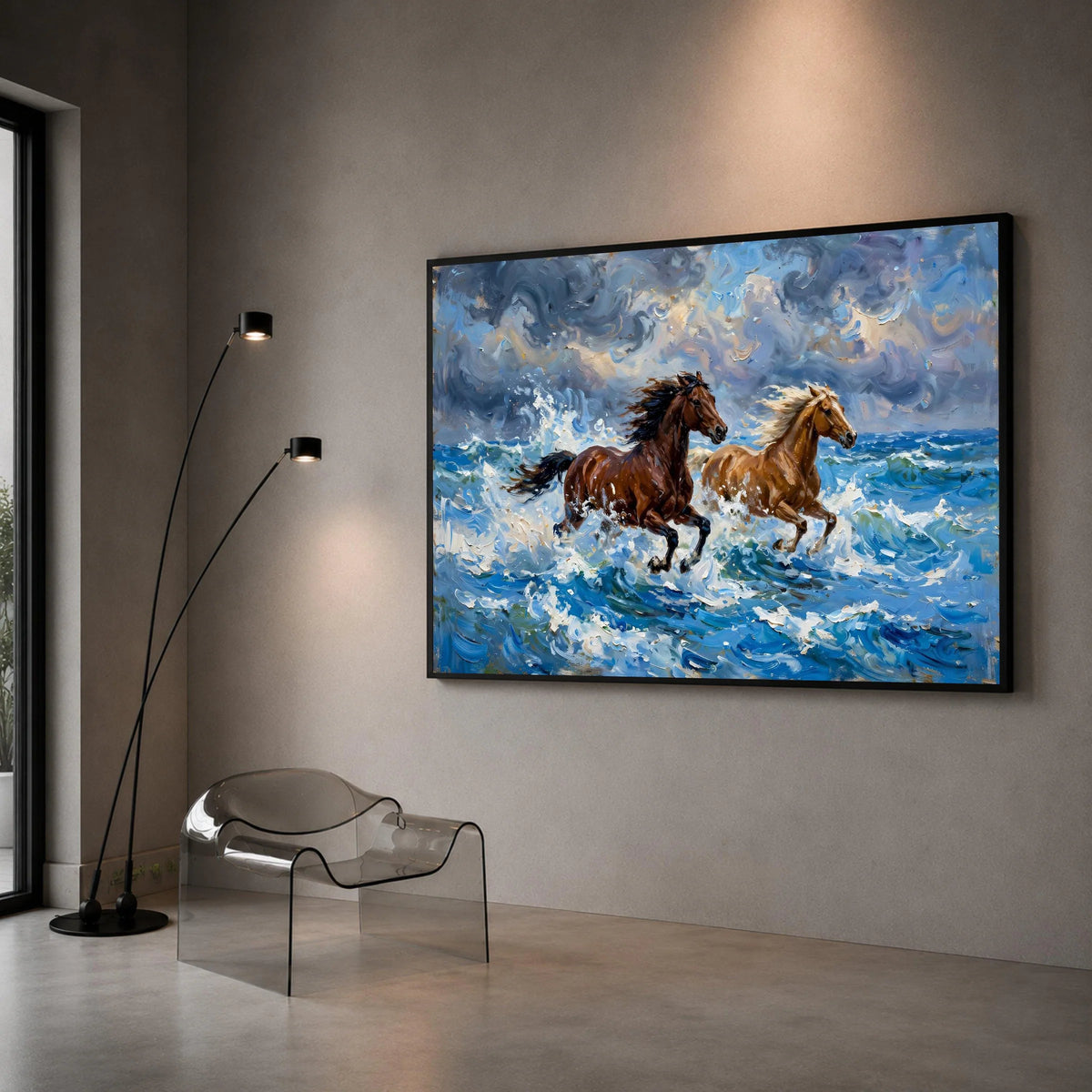 Majestic Horses Running Ocean Waves Canvas, Dynamic Seascape Wall Art, Energetic Animal Scene, Blue Sky Coastal Decoration, Canvas Print Art