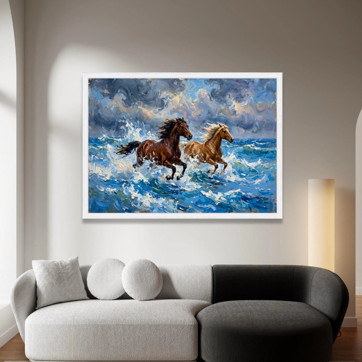 Majestic Horses Running Ocean Waves Canvas, Dynamic Seascape Wall Art, Energetic Animal Scene, Blue Sky Coastal Decoration, Canvas Print Art