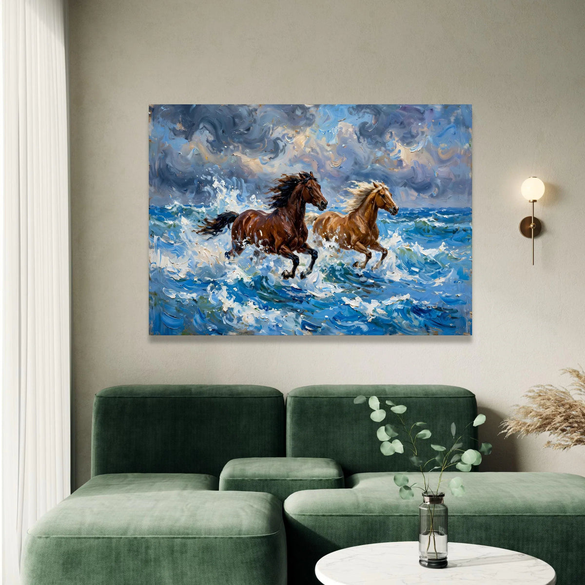 Majestic Horses Running Ocean Waves Canvas, Dynamic Seascape Wall Art, Energetic Animal Scene, Blue Sky Coastal Decoration, Canvas Print Art