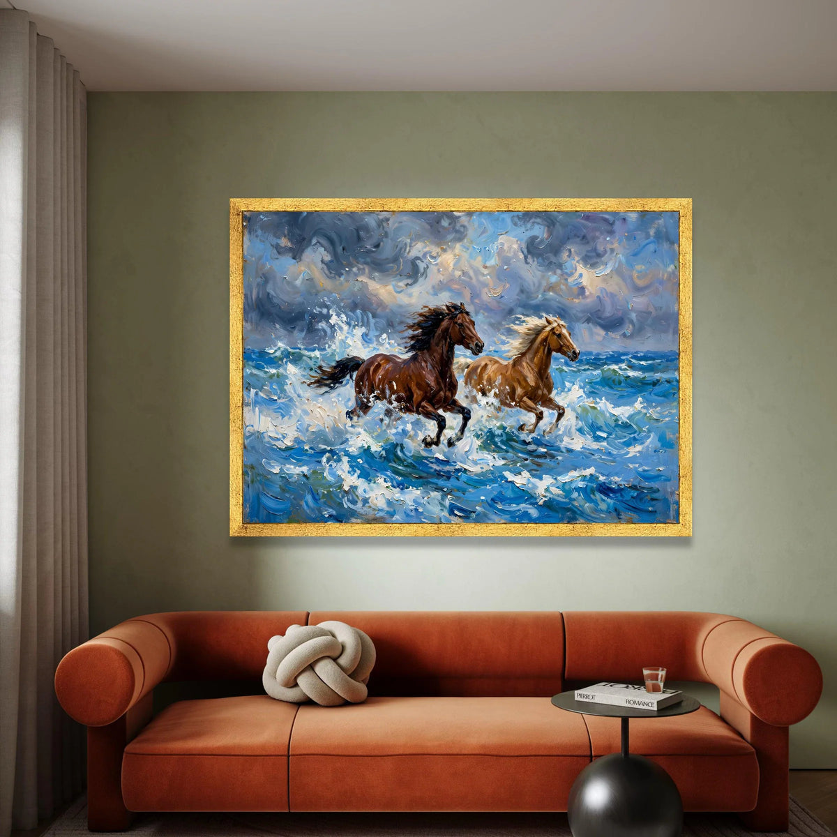 Majestic Horses Running Ocean Waves Canvas, Dynamic Seascape Wall Art, Energetic Animal Scene, Blue Sky Coastal Decoration, Canvas Print Art