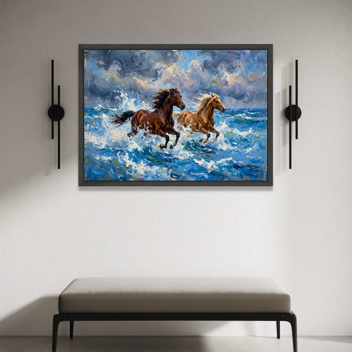 Majestic Horses Running Ocean Waves Canvas, Dynamic Seascape Wall Art, Energetic Animal Scene, Blue Sky Coastal Decoration, Canvas Print Art