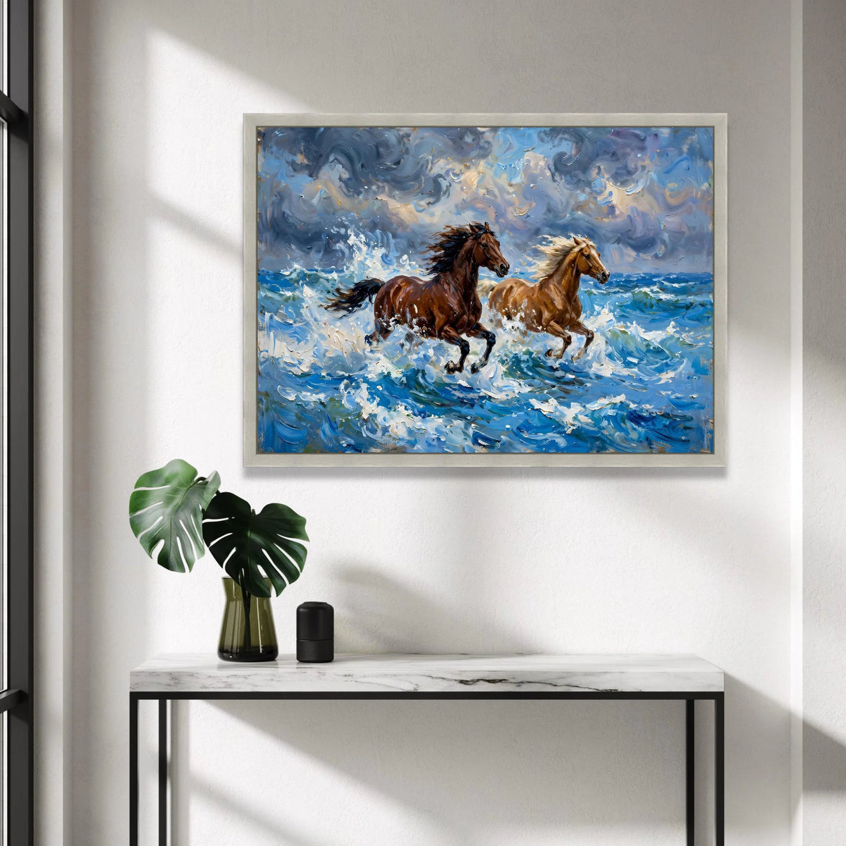 Majestic Horses Running Ocean Waves Canvas, Dynamic Seascape Wall Art, Energetic Animal Scene, Blue Sky Coastal Decoration, Canvas Print Art
