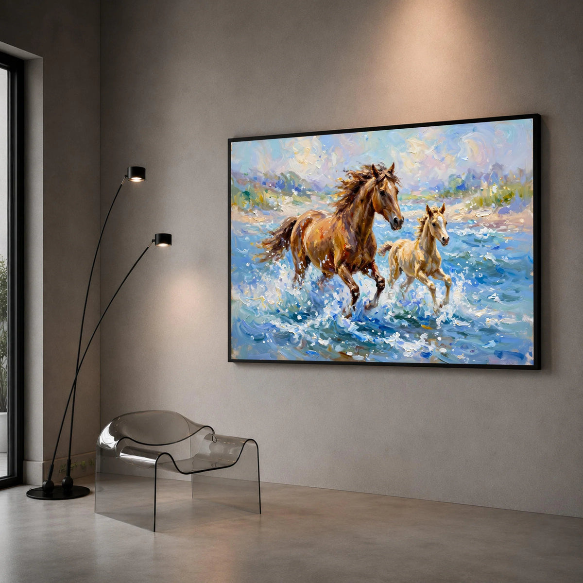 Running Horses Canvas Wall Art, Mother and Foal Water, Nature Animal Painting, Dynamic Wildlife Canvas, Home Decor Canvas Canvas Print Art