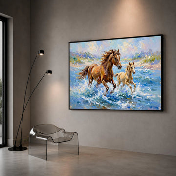 Running Horses Canvas Wall Art, Mother and Foal Water, Nature Animal Painting, Dynamic Wildlife Canvas, Home Decor Canvas Canvas Print Art
