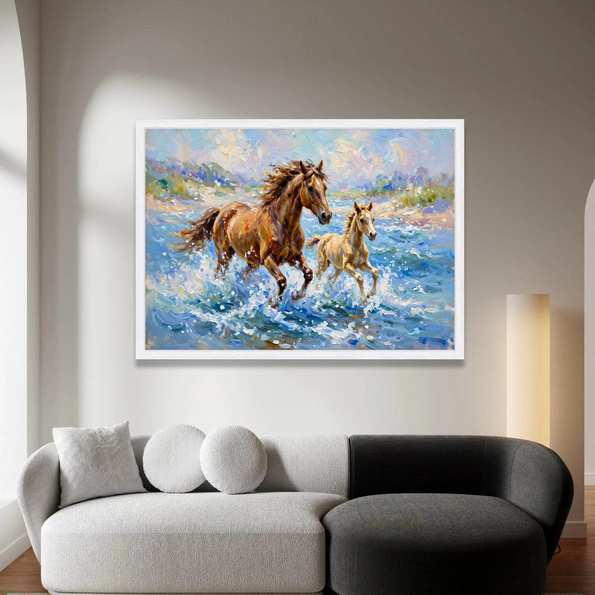 Running Horses Canvas Wall Art, Mother and Foal Water, Nature Animal Painting, Dynamic Wildlife Canvas, Home Decor Canvas Canvas Print Art