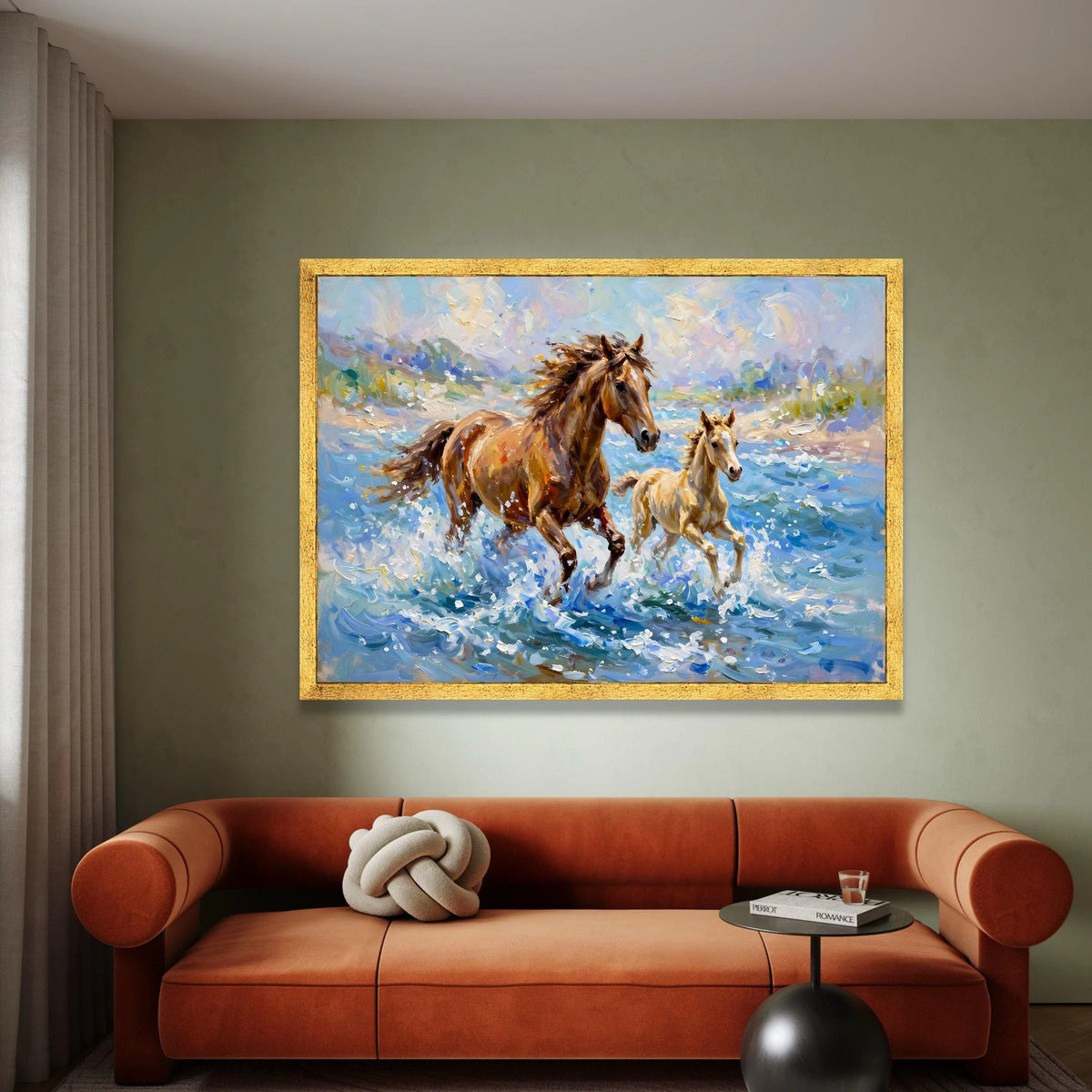 Running Horses Canvas Wall Art, Mother and Foal Water, Nature Animal Painting, Dynamic Wildlife Canvas, Home Decor Canvas Canvas Print Art