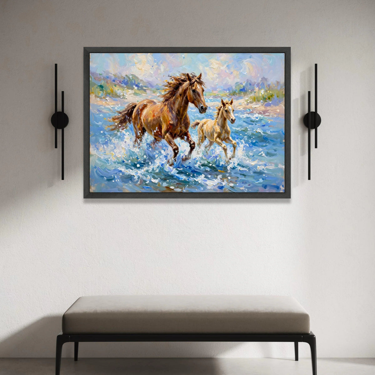 Running Horses Canvas Wall Art, Mother and Foal Water, Nature Animal Painting, Dynamic Wildlife Canvas, Home Decor Canvas Canvas Print Art