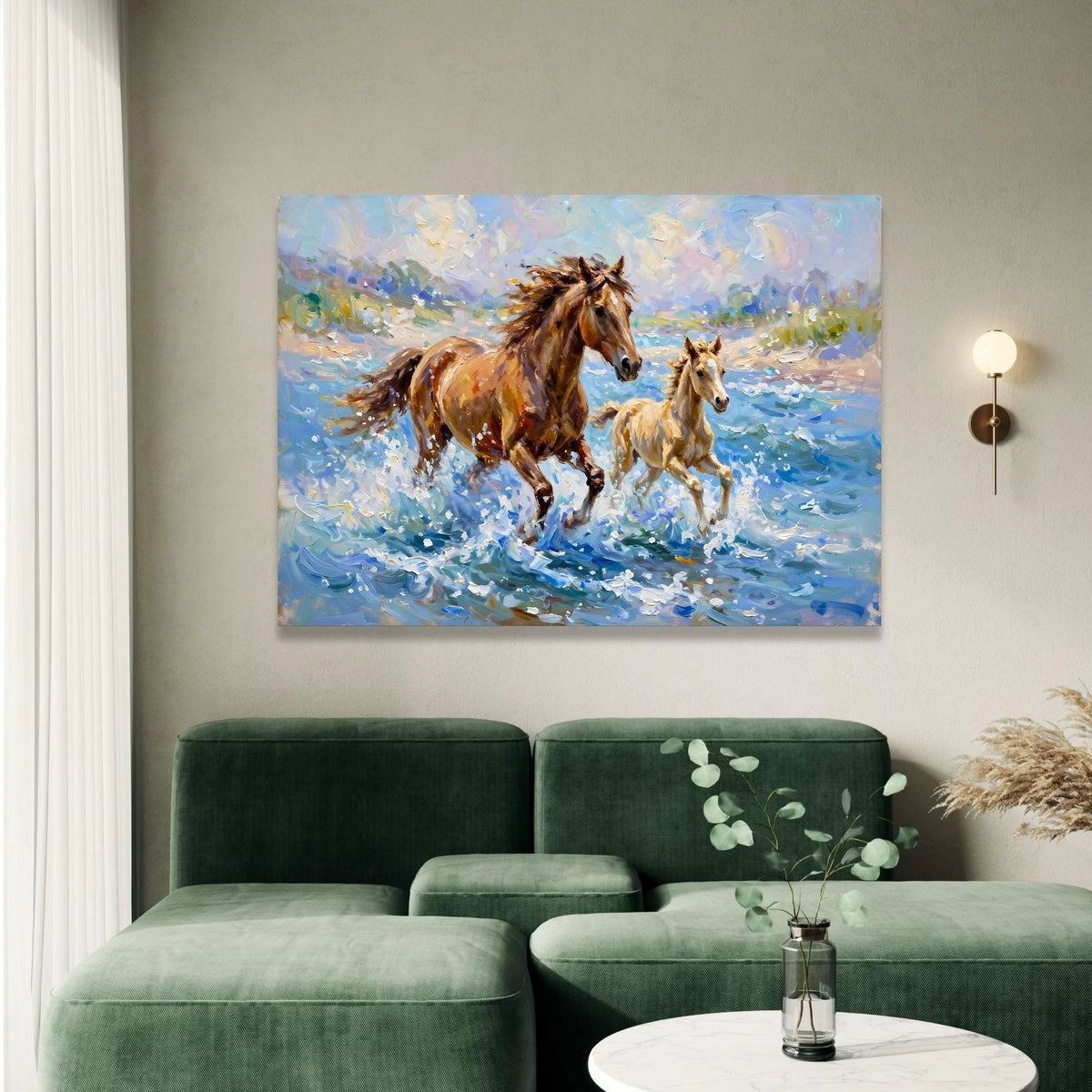Running Horses Canvas Wall Art, Mother and Foal Water, Nature Animal Painting, Dynamic Wildlife Canvas, Home Decor Canvas Canvas Print Art