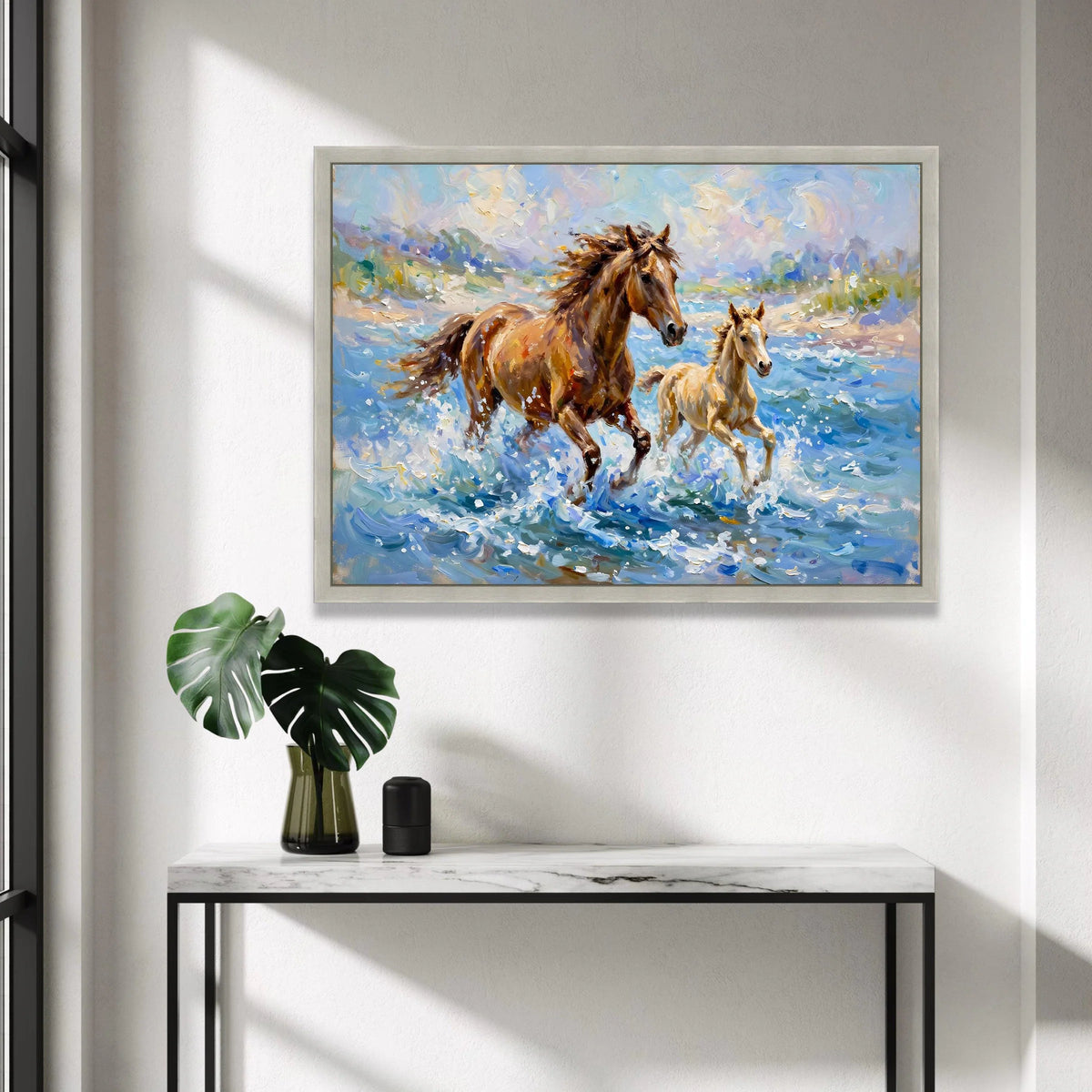 Running Horses Canvas Wall Art, Mother and Foal Water, Nature Animal Painting, Dynamic Wildlife Canvas, Home Decor Canvas Canvas Print Art
