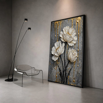 Elegant White Floral Canvas Wall Art, Gold Accent Flowers, Modern Botanical Canvas, Contemporary Home Decor, Ready to Hang Canvas Print Art