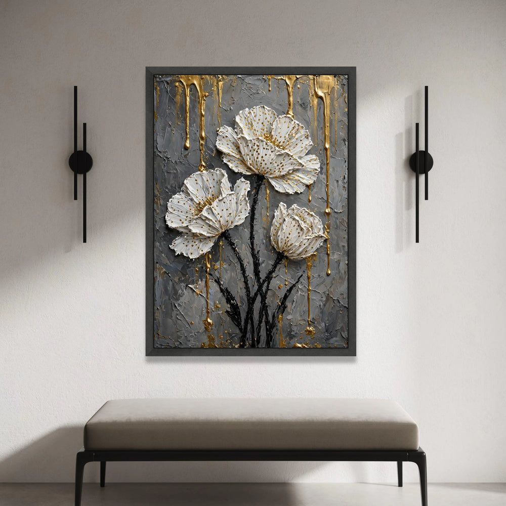 Elegant White Floral Canvas Wall Art, Gold Accent Flowers, Modern Botanical Canvas, Contemporary Home Decor, Ready to Hang Canvas Print Art
