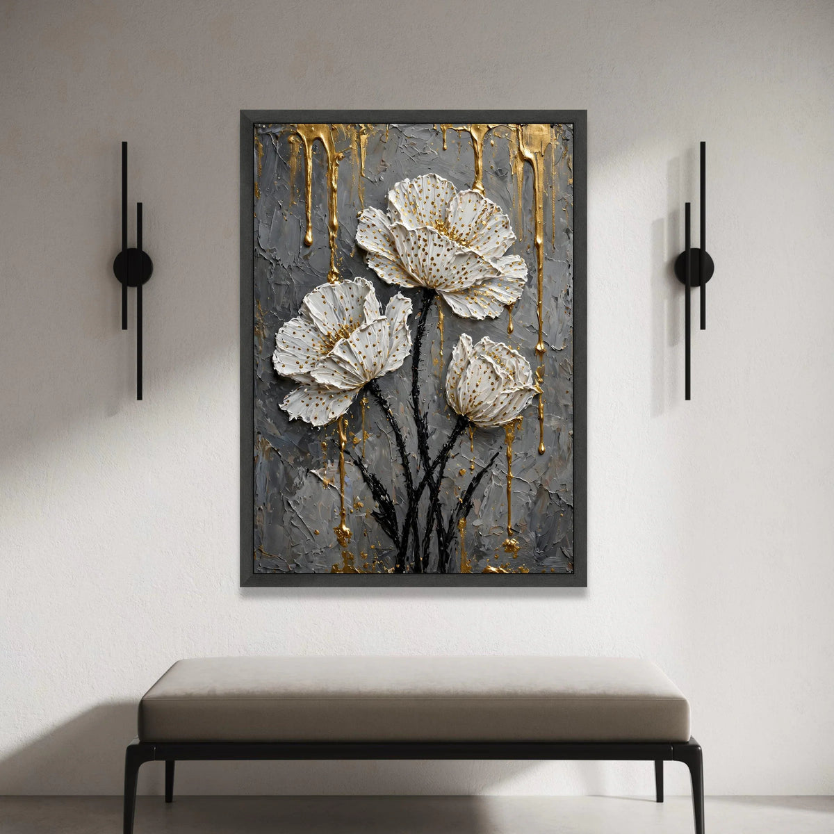 Elegant White Floral Canvas Wall Art, Gold Accent Flowers, Modern Botanical Canvas, Contemporary Home Decor, Ready to Hang Canvas Print Art