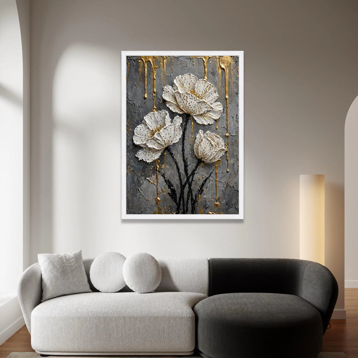 Elegant White Floral Canvas Wall Art, Gold Accent Flowers, Modern Botanical Canvas, Contemporary Home Decor, Ready to Hang Canvas Print Art