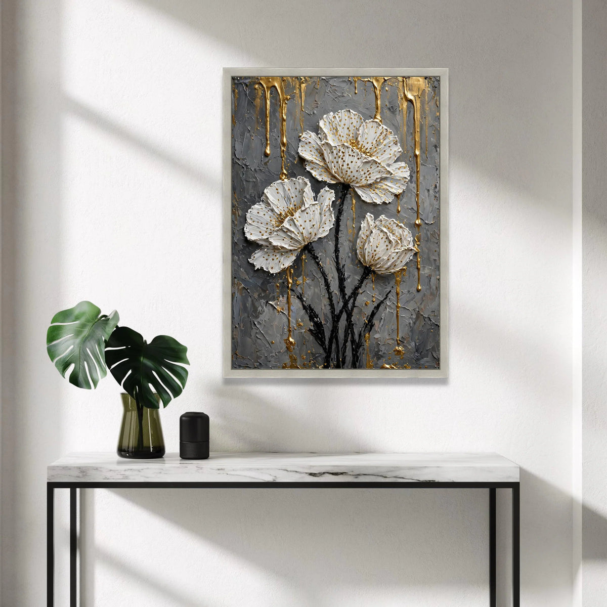 Elegant White Floral Canvas Wall Art, Gold Accent Flowers, Modern Botanical Canvas, Contemporary Home Decor, Ready to Hang Canvas Print Art