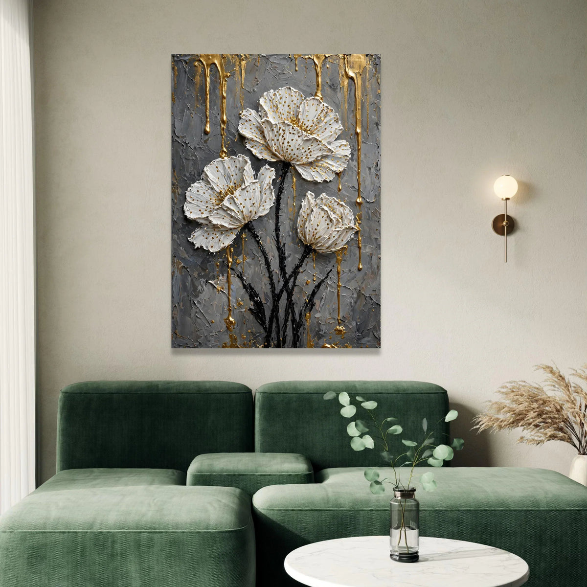 Elegant White Floral Canvas Wall Art, Gold Accent Flowers, Modern Botanical Canvas, Contemporary Home Decor, Ready to Hang Canvas Print Art
