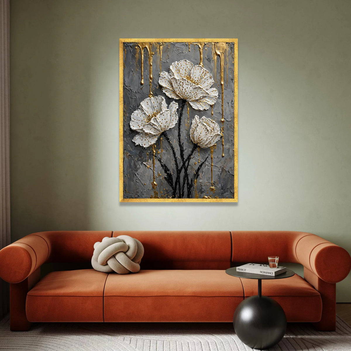 Elegant White Floral Canvas Wall Art, Gold Accent Flowers, Modern Botanical Canvas, Contemporary Home Decor, Ready to Hang Canvas Print Art