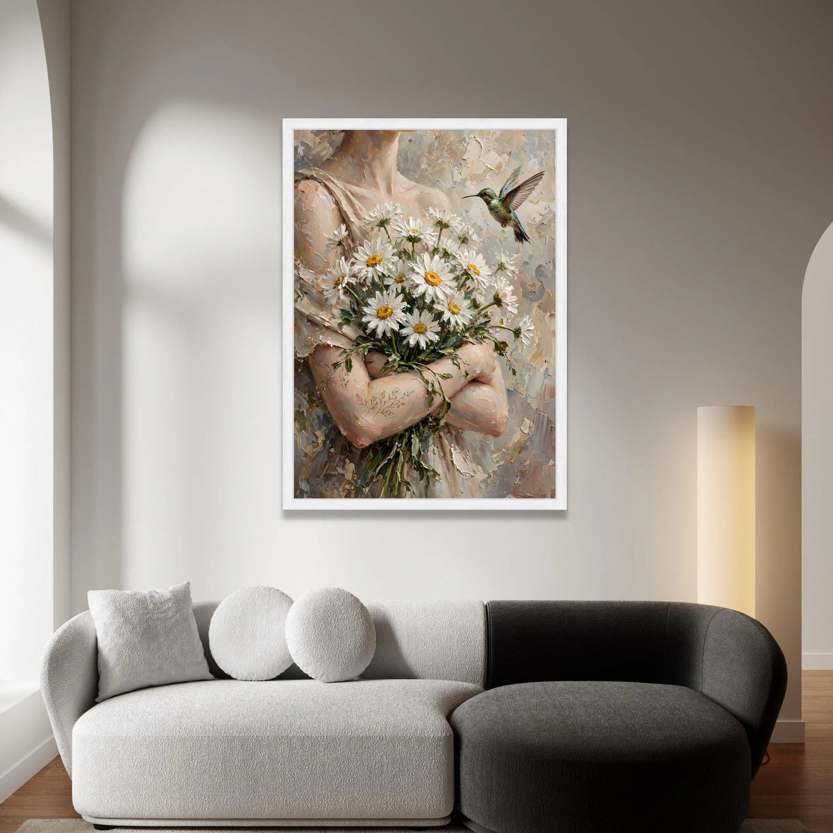 Tender Bouquet of Daisies with Hummingbird Canvas, Romantic Floral Wall Art, Nature Canvas Decoration, Home Living Room Canvas Print Art