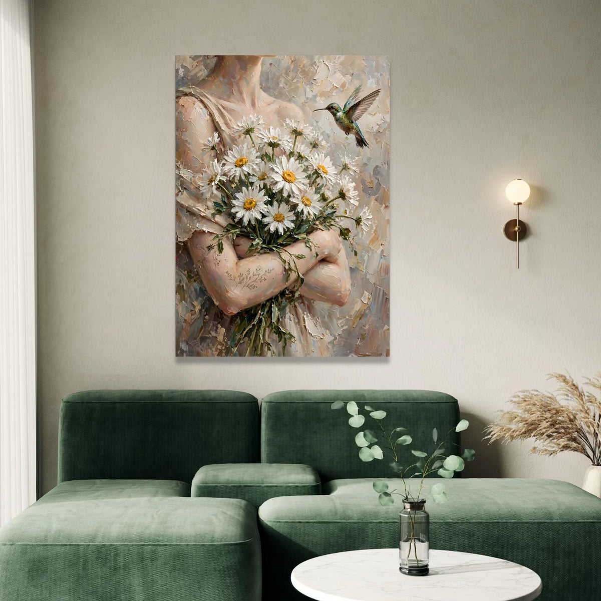 Tender Bouquet of Daisies with Hummingbird Canvas, Romantic Floral Wall Art, Nature Canvas Decoration, Home Living Room Canvas Print Art