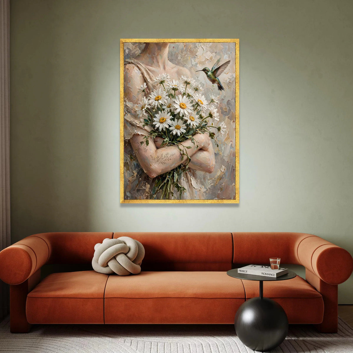 Tender Bouquet of Daisies with Hummingbird Canvas, Romantic Floral Wall Art, Nature Canvas Decoration, Home Living Room Canvas Print Art