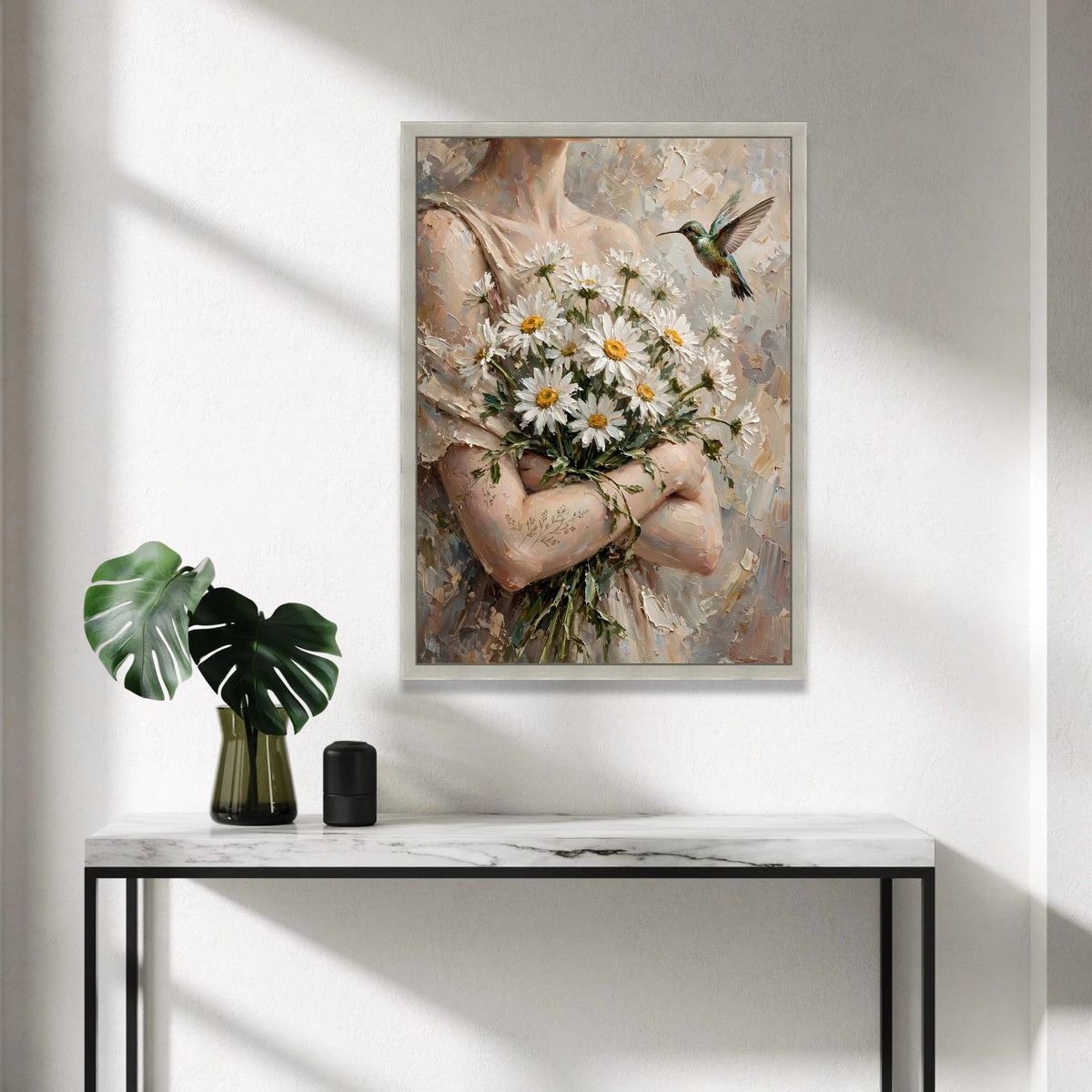 Tender Bouquet of Daisies with Hummingbird Canvas, Romantic Floral Wall Art, Nature Canvas Decoration, Home Living Room Canvas Print Art
