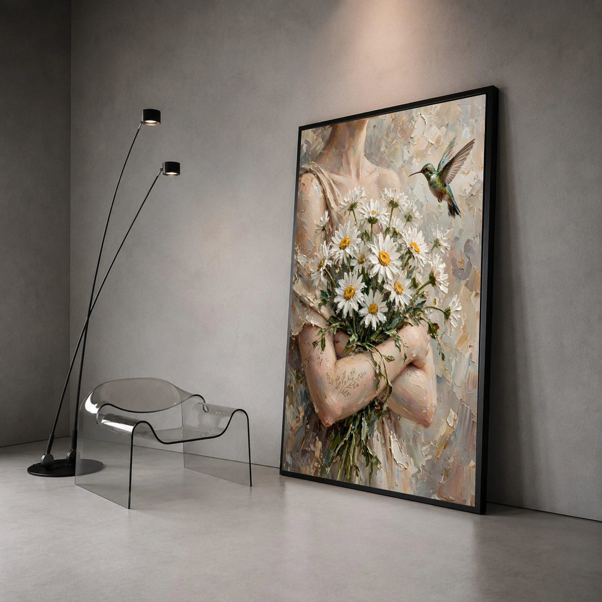 Tender Bouquet of Daisies with Hummingbird Canvas, Romantic Floral Wall Art, Nature Canvas Decoration, Home Living Room Canvas Print Art