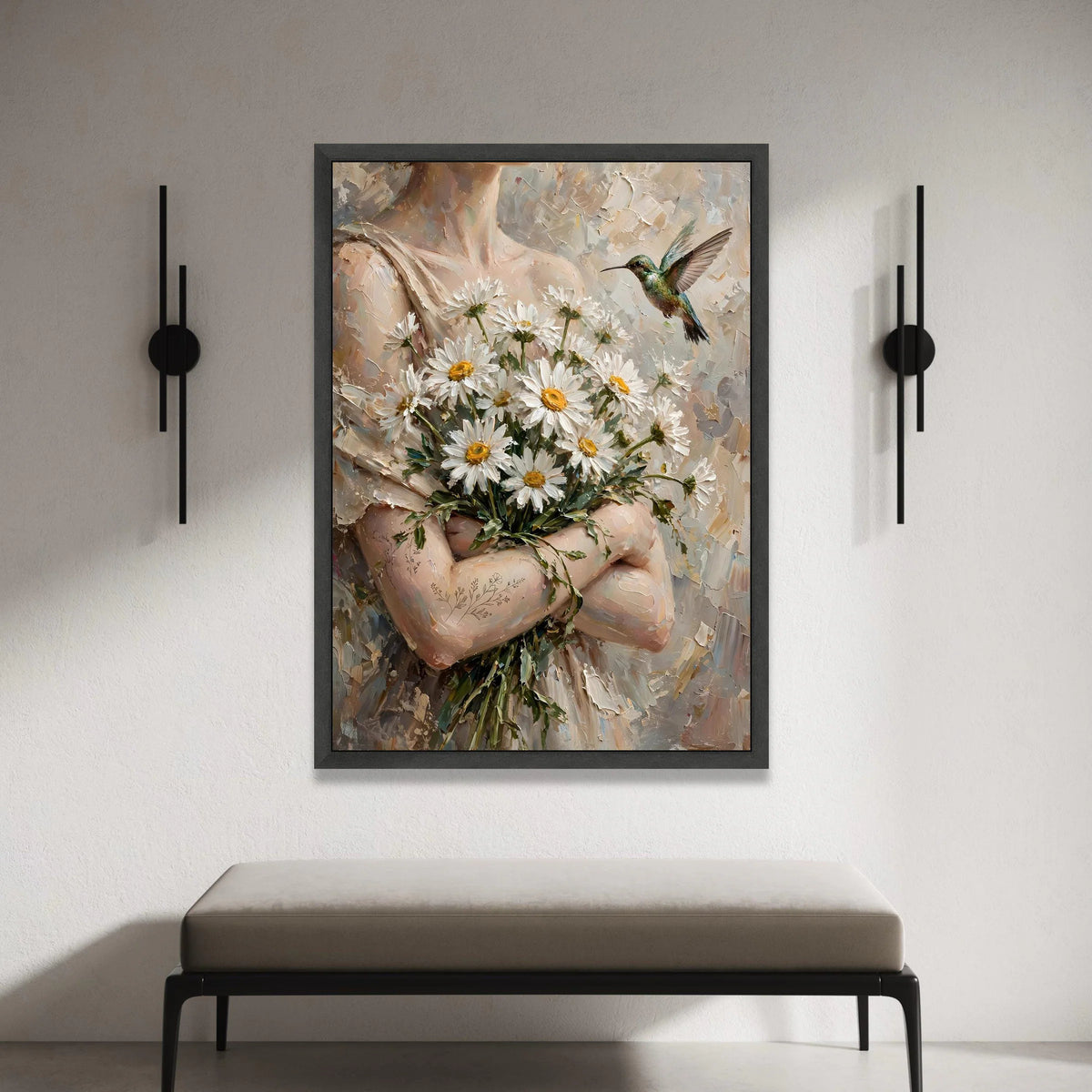 Tender Bouquet of Daisies with Hummingbird Canvas, Romantic Floral Wall Art, Nature Canvas Decoration, Home Living Room Canvas Print Art