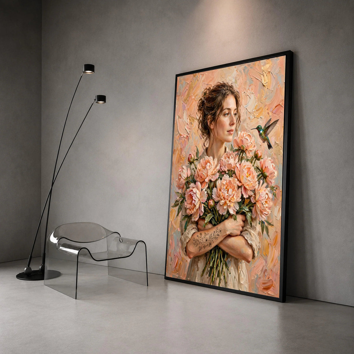 Elegant Woman Holding Peach Peonies Canvas, Floral Bouquet Wall Art, Hummingbird and Flowers Canvas, Romantic Home Canvas Print Art