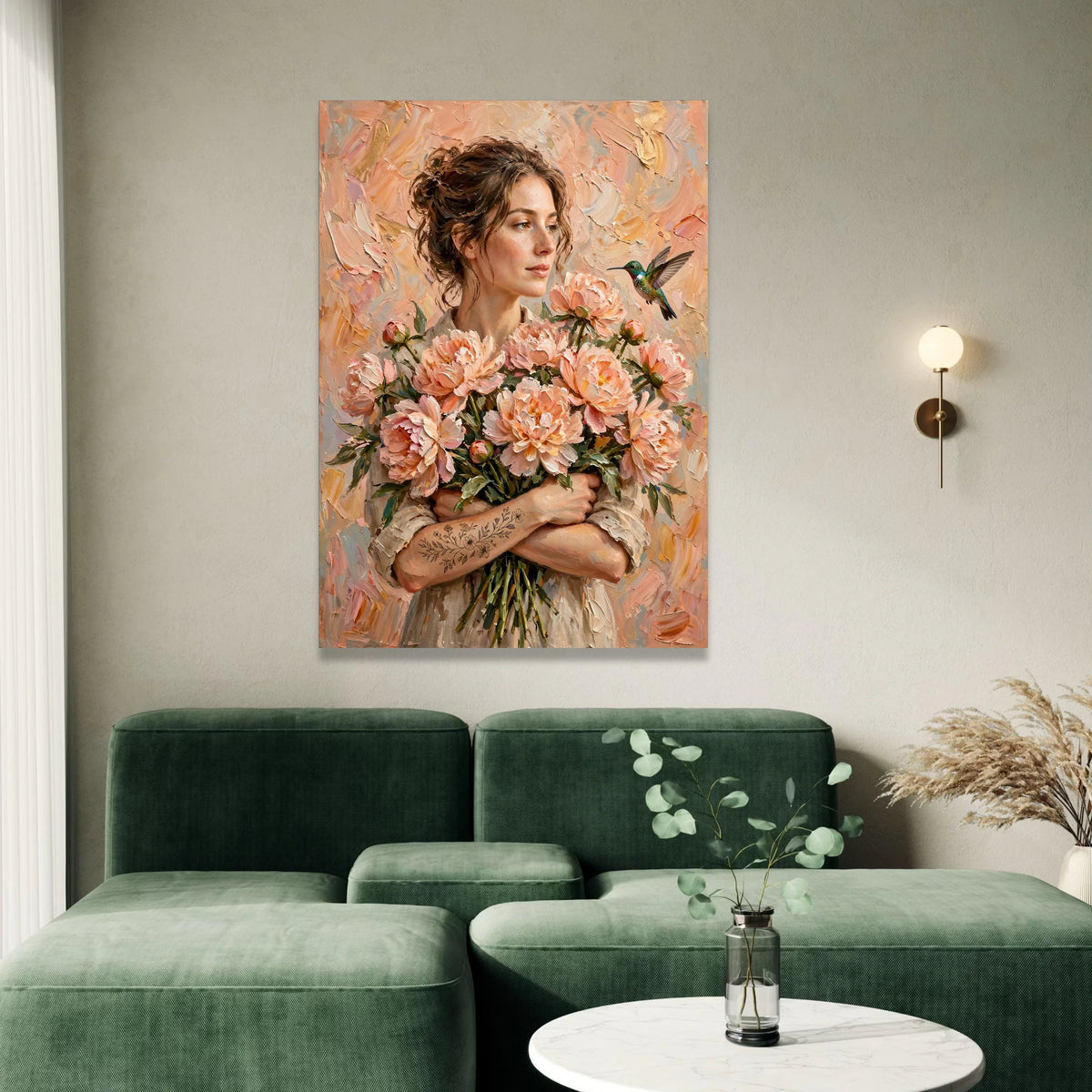 Elegant Woman Holding Peach Peonies Canvas, Floral Bouquet Wall Art, Hummingbird and Flowers Canvas, Romantic Home Canvas Print Art