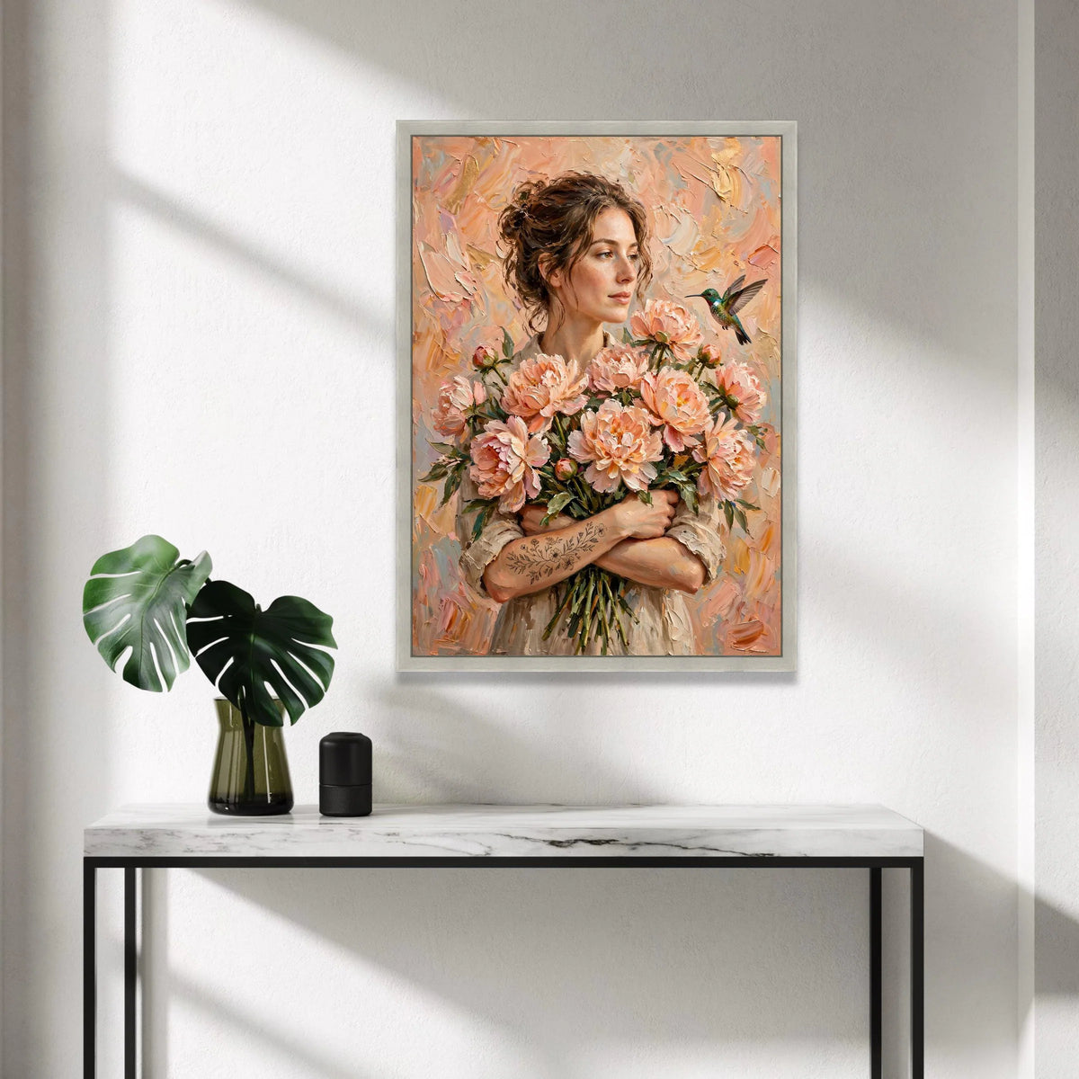 Elegant Woman Holding Peach Peonies Canvas, Floral Bouquet Wall Art, Hummingbird and Flowers Canvas, Romantic Home Canvas Print Art