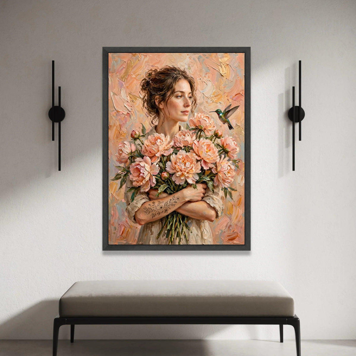 Elegant Woman Holding Peach Peonies Canvas, Floral Bouquet Wall Art, Hummingbird and Flowers Canvas, Romantic Home Canvas Print Art