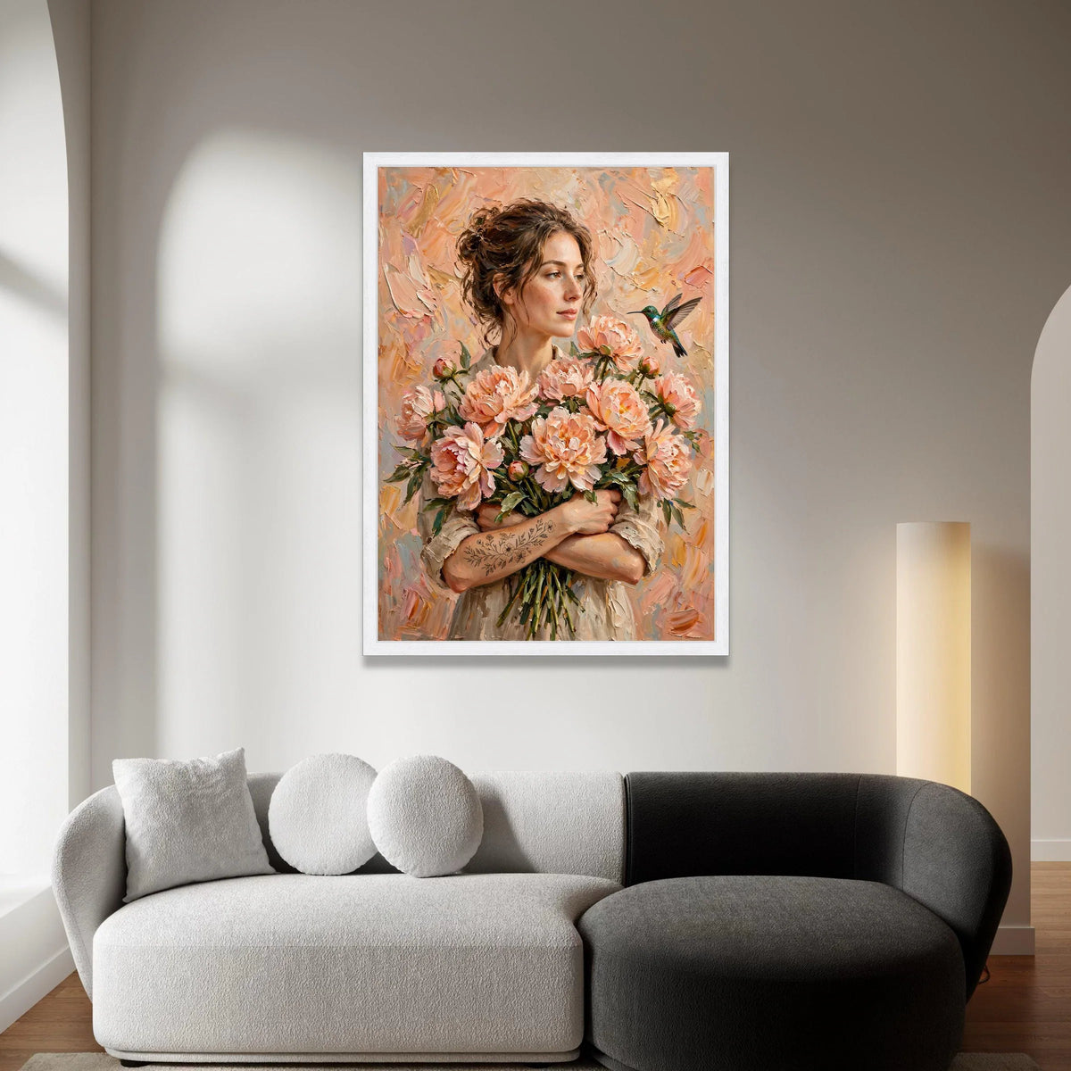 Elegant Woman Holding Peach Peonies Canvas, Floral Bouquet Wall Art, Hummingbird and Flowers Canvas, Romantic Home Canvas Print Art