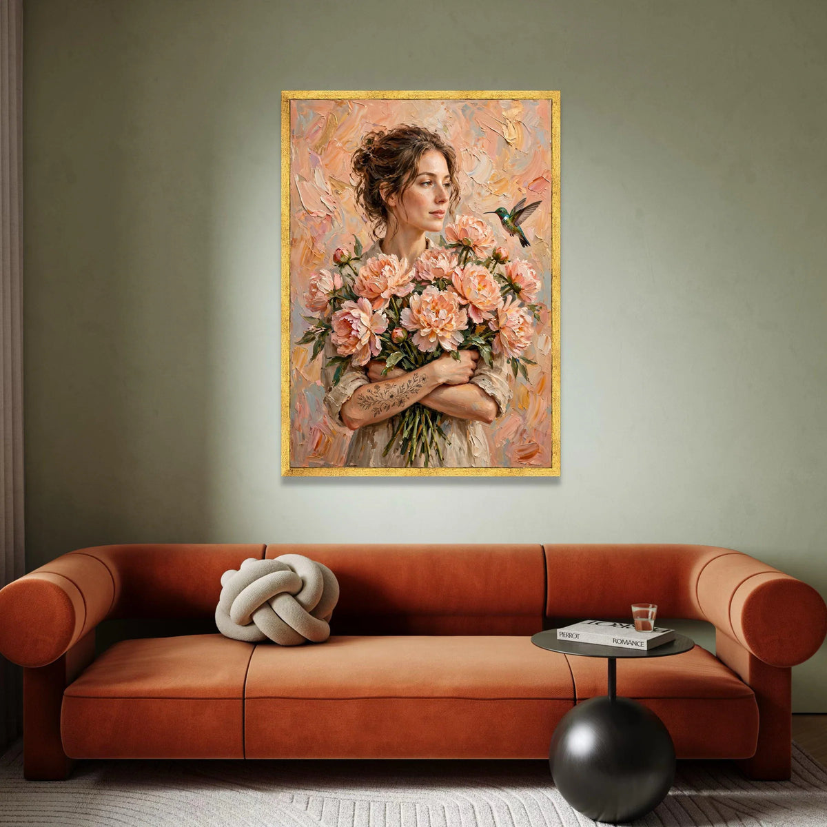 Elegant Woman Holding Peach Peonies Canvas, Floral Bouquet Wall Art, Hummingbird and Flowers Canvas, Romantic Home Canvas Print Art