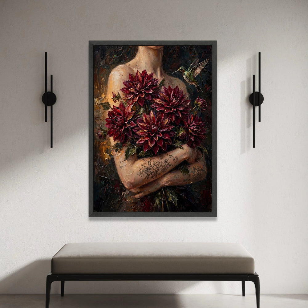 Elegant Woman Holding Deep Red Dahlia Flowers Canvas, Hummingbird Art Print, Floral Botanical Wall Art, Decorative Home Canvas Print Art