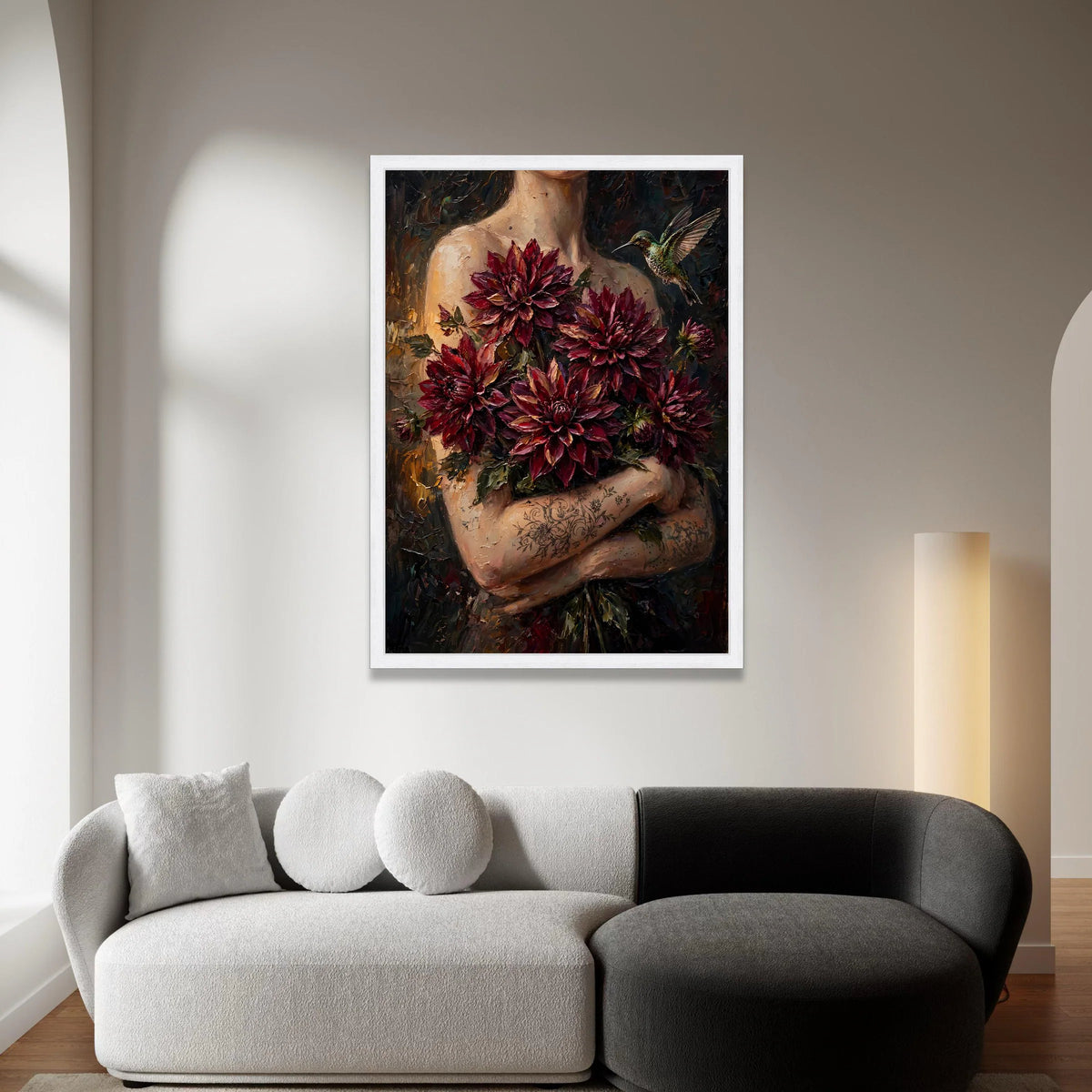 Elegant Woman Holding Deep Red Dahlia Flowers Canvas, Hummingbird Art Print, Floral Botanical Wall Art, Decorative Home Canvas Print Art