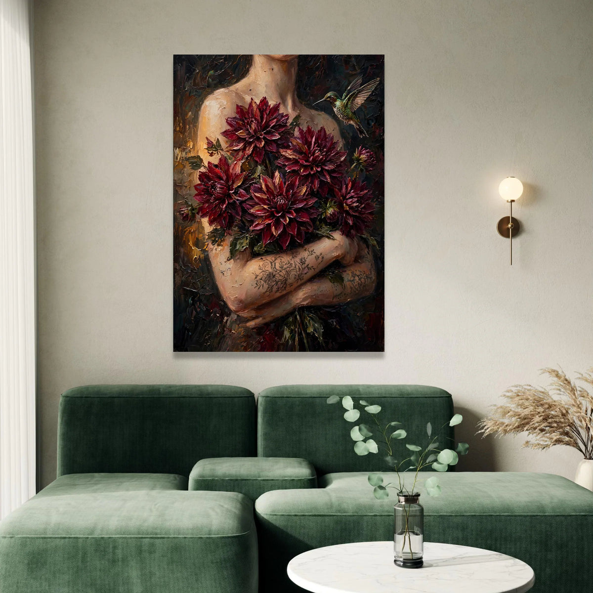 Elegant Woman Holding Deep Red Dahlia Flowers Canvas, Hummingbird Art Print, Floral Botanical Wall Art, Decorative Home Canvas Print Art