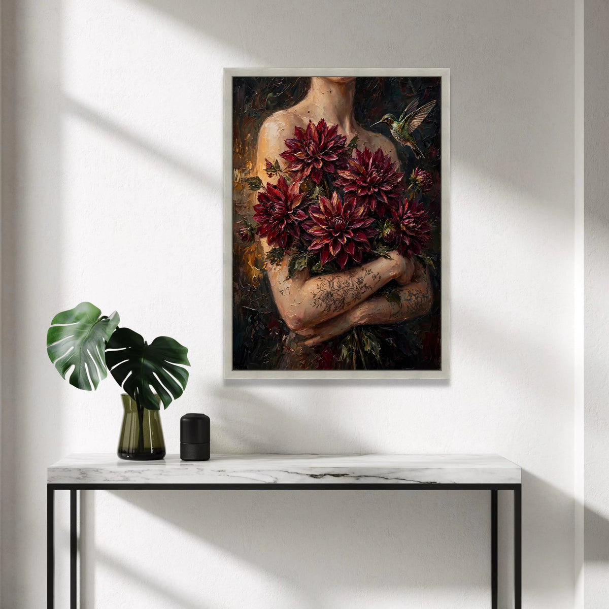 Elegant Woman Holding Deep Red Dahlia Flowers Canvas, Hummingbird Art Print, Floral Botanical Wall Art, Decorative Home Canvas Print Art