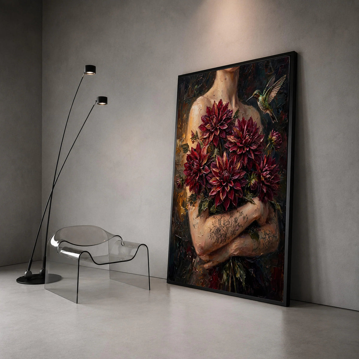 Elegant Woman Holding Deep Red Dahlia Flowers Canvas, Hummingbird Art Print, Floral Botanical Wall Art, Decorative Home Canvas Print Art