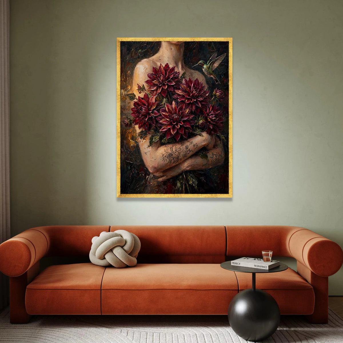 Elegant Woman Holding Deep Red Dahlia Flowers Canvas, Hummingbird Art Print, Floral Botanical Wall Art, Decorative Home Canvas Print Art