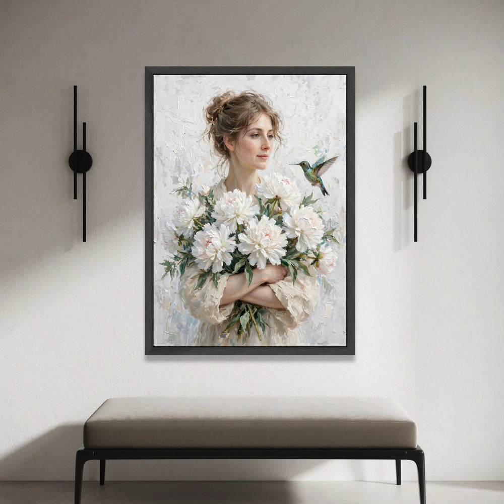 Gentle Woman with White Peonies Bouquet Canvas, Hummingbird Nature Art, Delicate Floral Wall Decor, Romantic Home Canvas Print Art