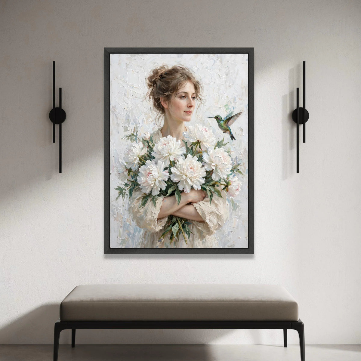 Gentle Woman with White Peonies Bouquet Canvas, Hummingbird Nature Art, Delicate Floral Wall Decor, Romantic Home Canvas Print Art