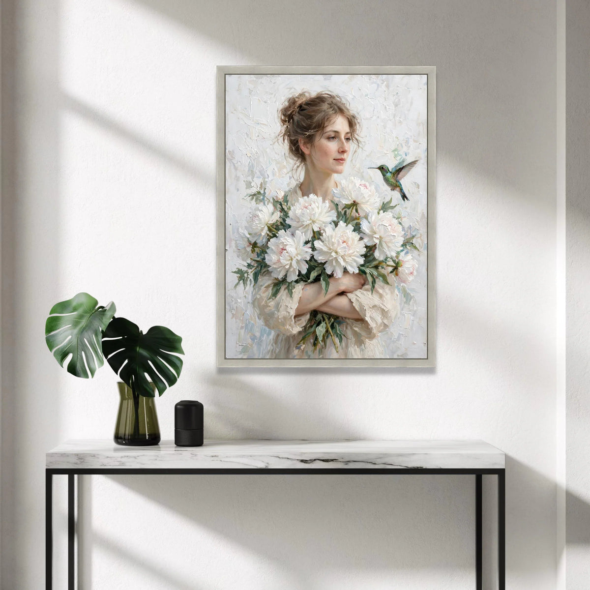 Gentle Woman with White Peonies Bouquet Canvas, Hummingbird Nature Art, Delicate Floral Wall Decor, Romantic Home Canvas Print Art