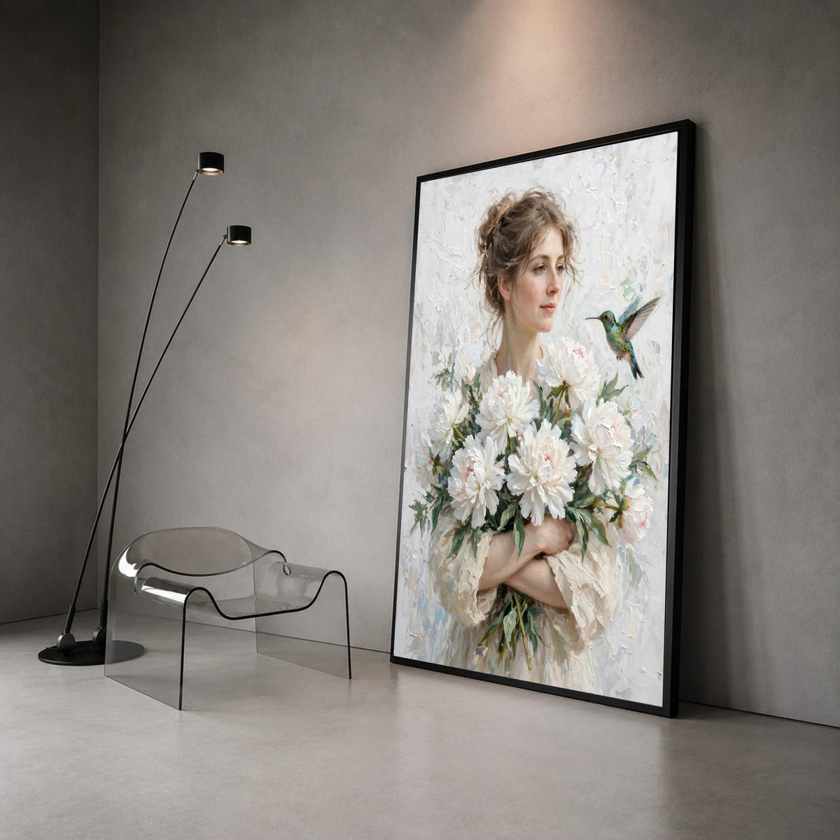Gentle Woman with White Peonies Bouquet Canvas, Hummingbird Nature Art, Delicate Floral Wall Decor, Romantic Home Canvas Print Art