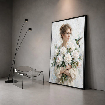 Gentle Woman with White Peonies Bouquet Canvas, Hummingbird Nature Art, Delicate Floral Wall Decor, Romantic Home Canvas Print Art