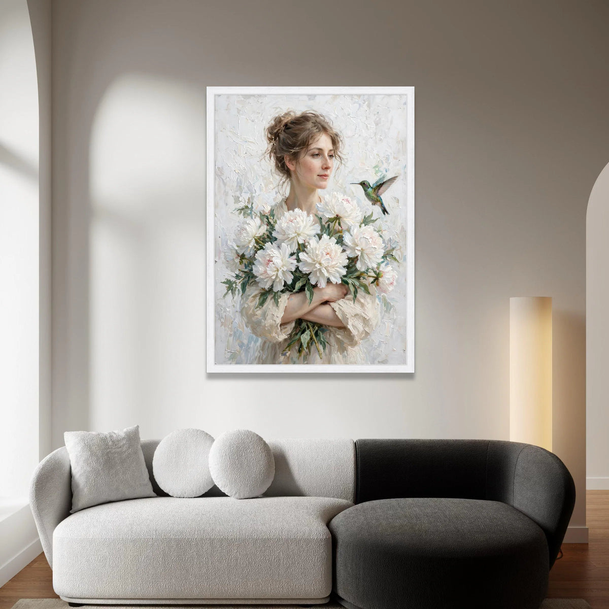 Gentle Woman with White Peonies Bouquet Canvas, Hummingbird Nature Art, Delicate Floral Wall Decor, Romantic Home Canvas Print Art