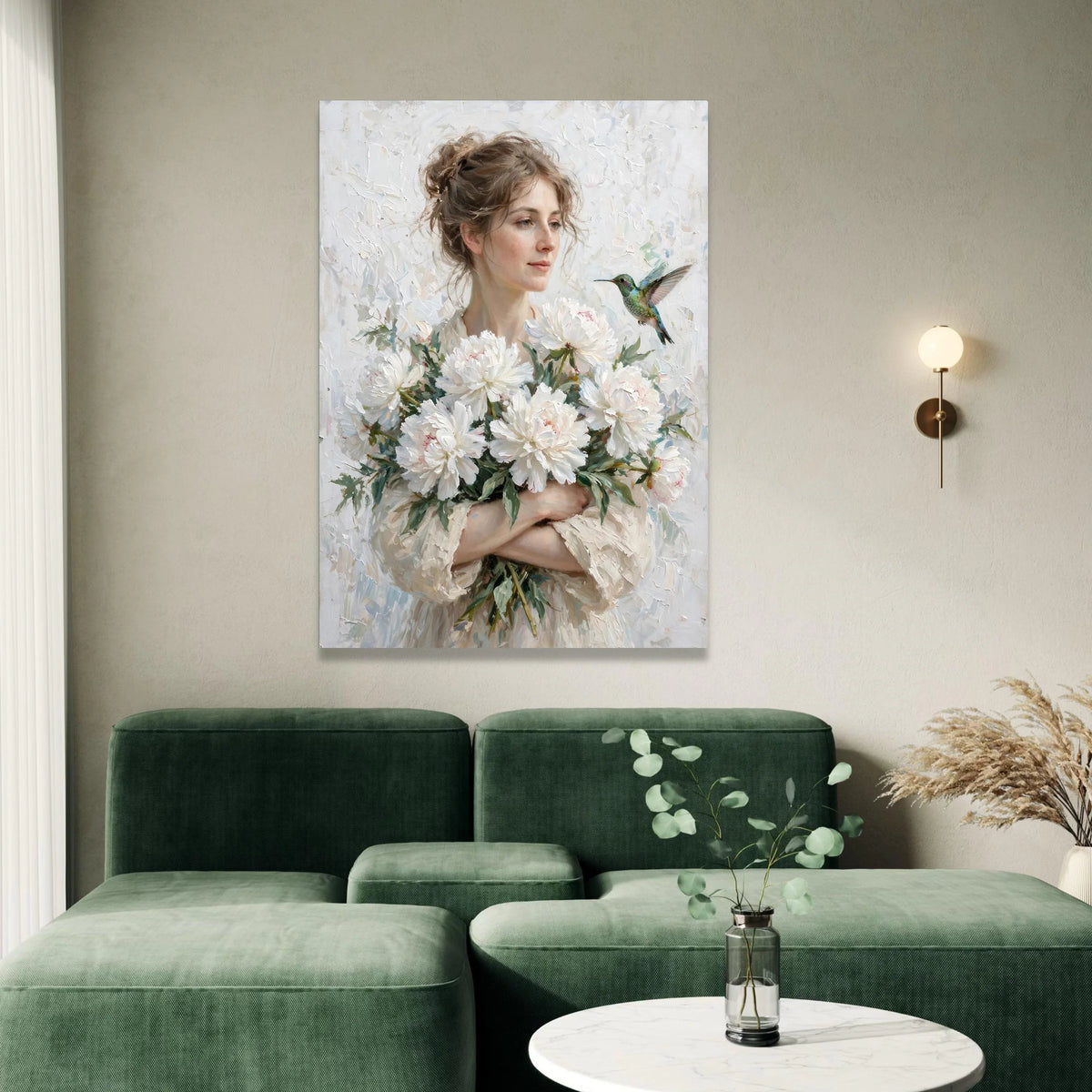 Gentle Woman with White Peonies Bouquet Canvas, Hummingbird Nature Art, Delicate Floral Wall Decor, Romantic Home Canvas Print Art