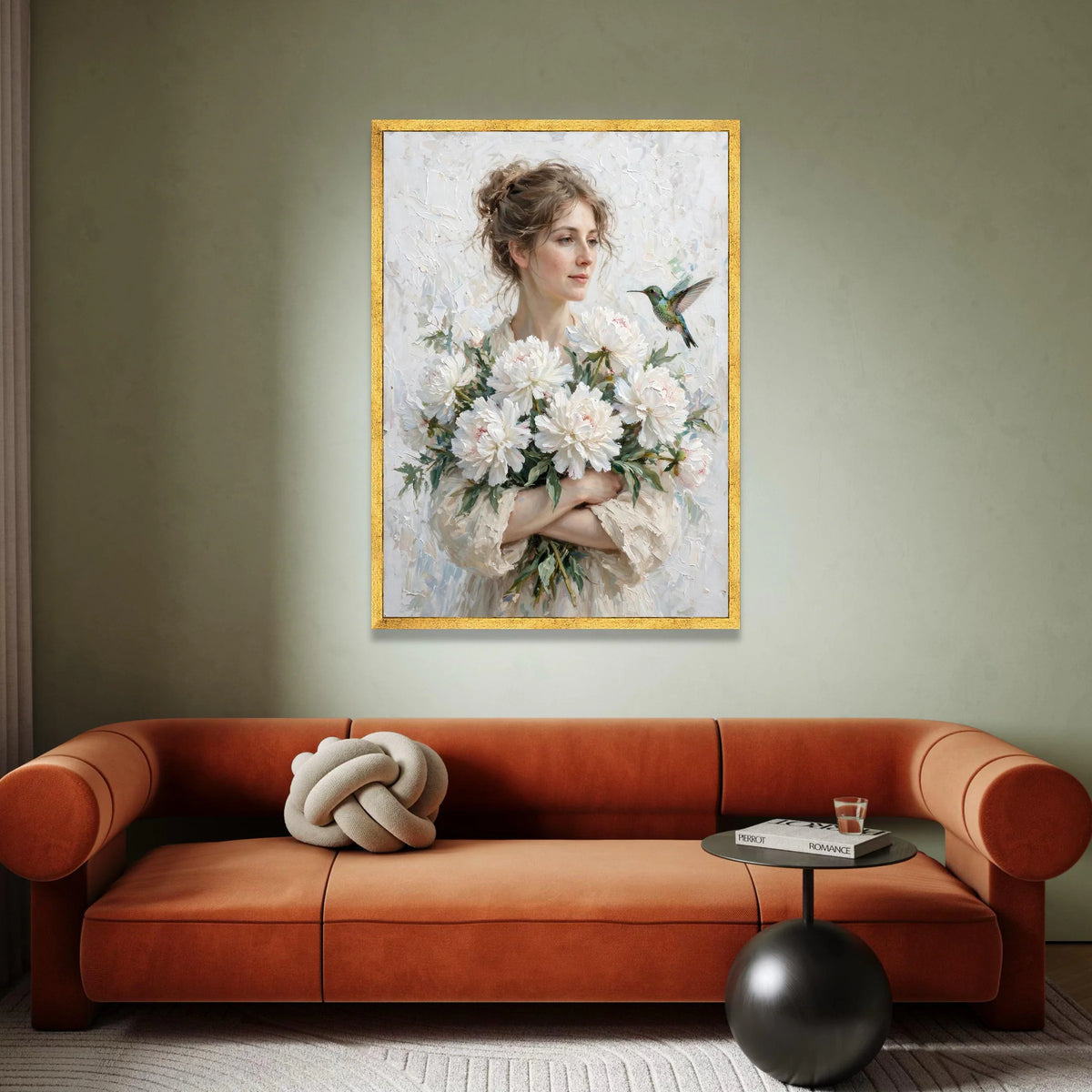 Gentle Woman with White Peonies Bouquet Canvas, Hummingbird Nature Art, Delicate Floral Wall Decor, Romantic Home Canvas Print Art