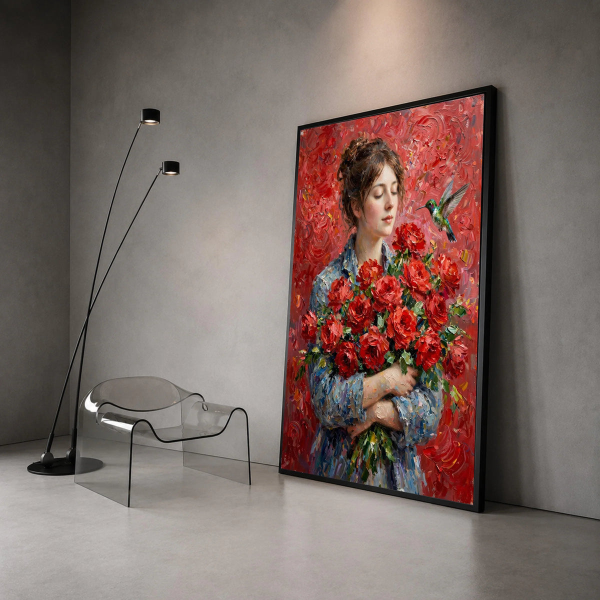 Woman with Red Roses Bouquet, Hummingbird and Floral Canvas, Romantic Garden Wall Art, Elegant Portrait Decoration Canvas Print Art