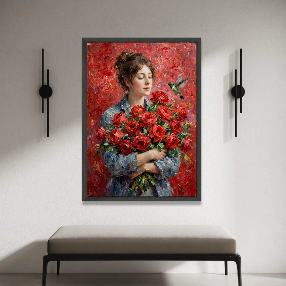 Woman with Red Roses Bouquet, Hummingbird and Floral Canvas, Romantic Garden Wall Art, Elegant Portrait Decoration Canvas Print Art