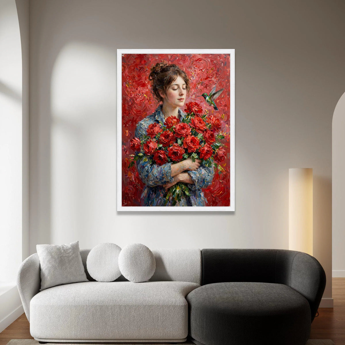 Woman with Red Roses Bouquet, Hummingbird and Floral Canvas, Romantic Garden Wall Art, Elegant Portrait Decoration Canvas Print Art