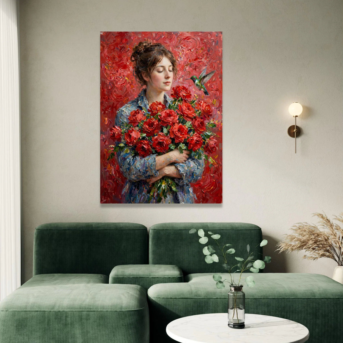 Woman with Red Roses Bouquet, Hummingbird and Floral Canvas, Romantic Garden Wall Art, Elegant Portrait Decoration Canvas Print Art